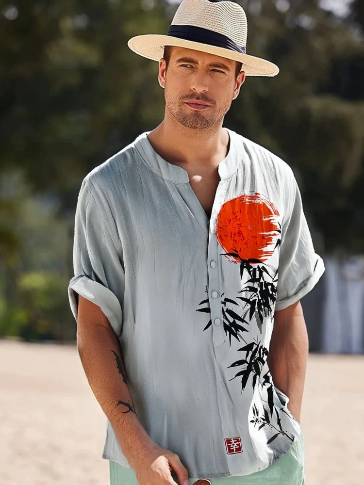 Japanese Bamboo Forest And Red Sun Art Linen Casual Shirt Men Clothings Fashion V-neck Short Sleeve Retro Tops Tunics Harajuku