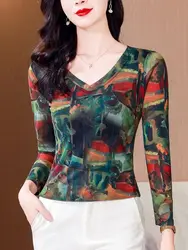 Mesh T Shirt Women V-neck Skinny T-shirt Female Vintage Streetwear Women's High Stretch T-shirt Autumn Spring