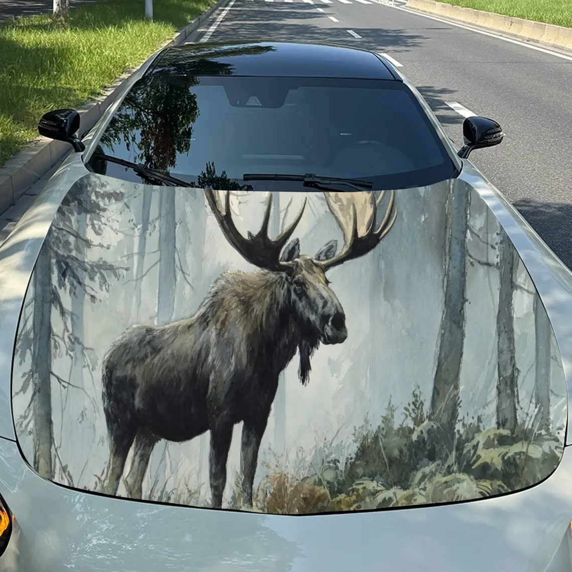 

Виниловая пленка для автомобиля Misty Forest Moose, водонепроницаемая наклейка на капот автомобиля из ПВХ, самоклеящиеся устойчивые к царапинам наклейки для крышки двигателя, C