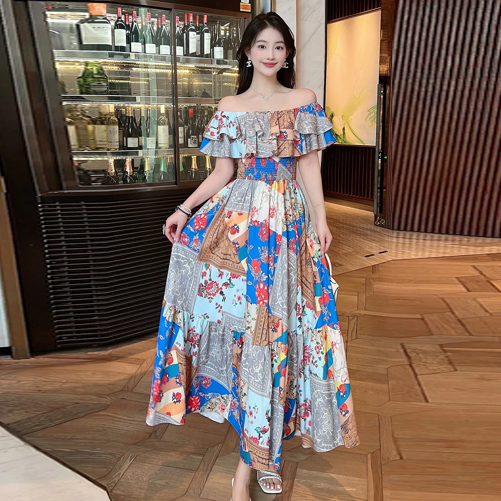 

ZJYT Summer Elegant Vacation Long Print Dresses for Women Slash Neck Elastic Waist Casual Boho Beach Dress 2025 New Vestidos