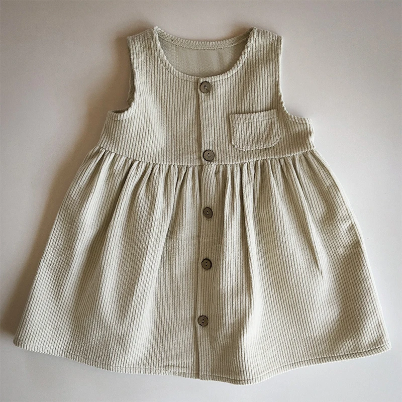 Girls Button Up Corduroy Pinafore Dress Vintage Autumn New Children\'s Round Neck Casual Loose Sleeveless A-Line Dresses TZ355