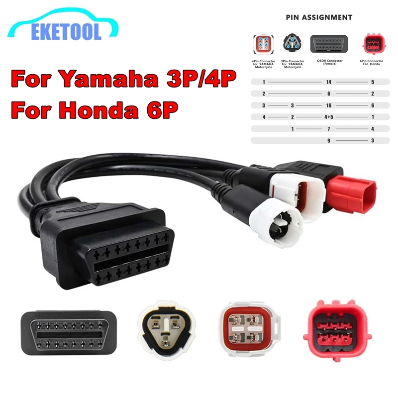 For YAMAHA 3Pin 4Pin & HONDA 6PIN 3IN1 Male to Female Motorcycle Extension to OBD2 16Pin Cable MotorBike Diagnostic Tool