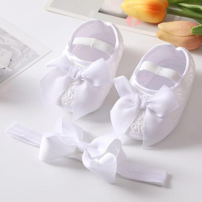 Girls Shoes +Hairband Newborn Toddlers First Walkers Baby Bowknot Princess Shoes Soft Sole Non-slip Footwear Infant Crib Shoes