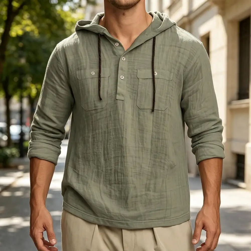 Long Sleeve Hooded Sweatshirt, Men Cotton Linen Hoodie, Casual Pullover Shirt Button Neck Design For Versatile Layering