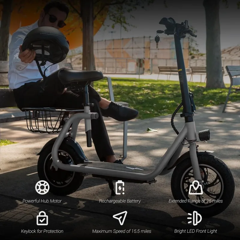 Adult Electric Scooter - Foldable Scooter with Seat and Carrying Basket - 450W Brushless Motor 36V - 15MPH