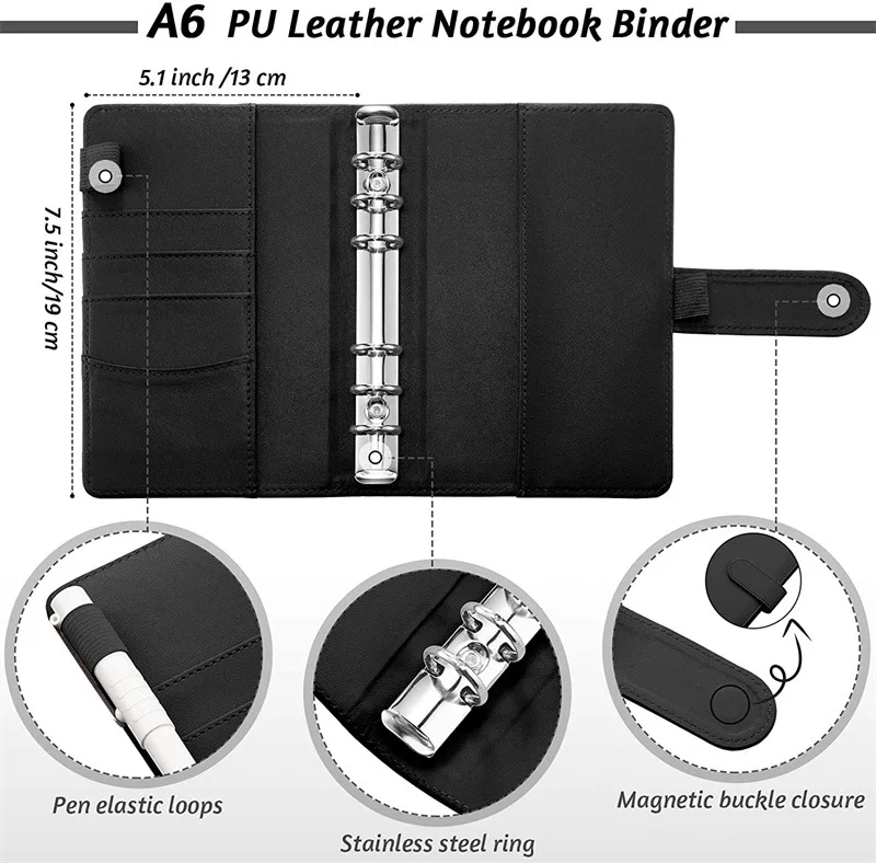 A6 PU Leather Notebook Binder Budget Planner Organizer 6 Ring Binder Cover 8 Binder Pockets And 12 Pieces Expense Budget Sheets