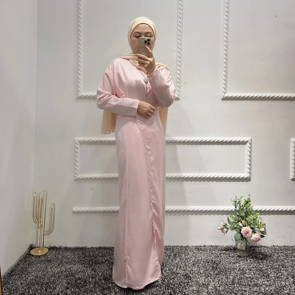 Imagem -06 - Vestido de Manga Comprida Envoltório de Cetim Abaya para Mulheres Kaftan Muçulmano Vestidos Internos Islâmicos Vestido Caftan Dubai Turquia Eid