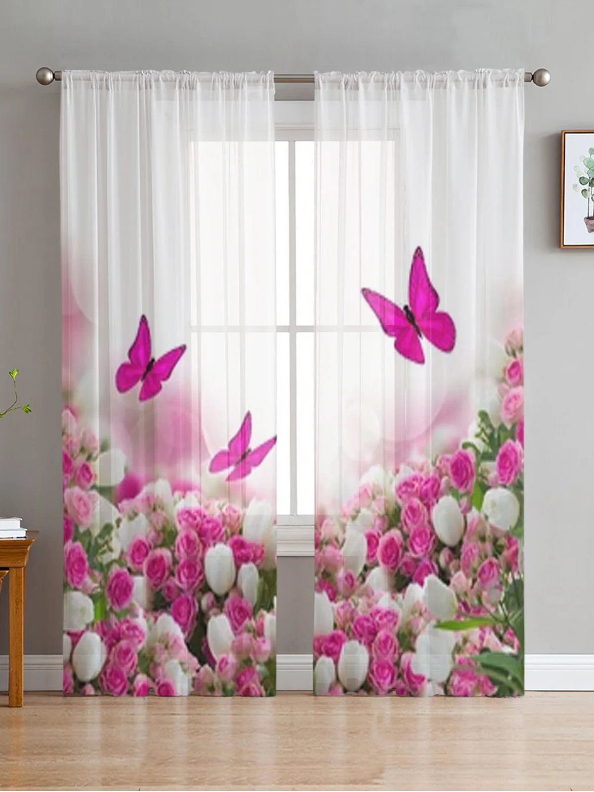 

Garden Pink Roses Sheer Curtains Bedroom Voile Curtain Living Room Window Sheer Curtains Kitchen Tulle Drapes