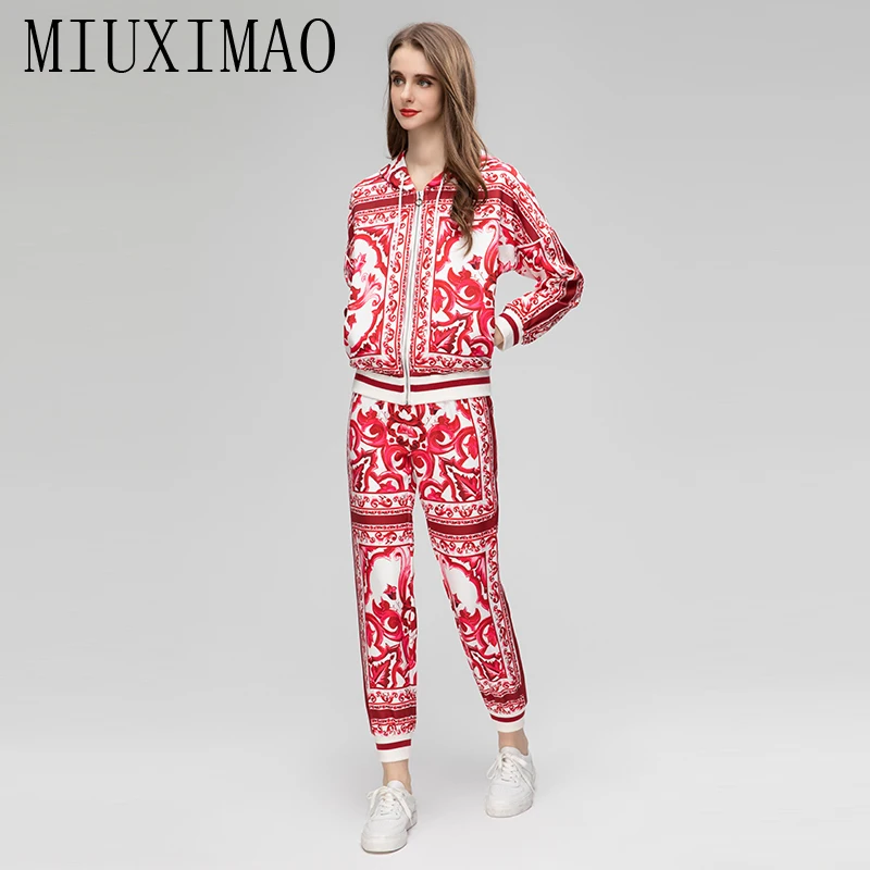 MIUXIMAO 2023 Sets for Women 2 pieces Sicily Elegant Set blue and white porcelain Print Top+ Pants Fashion Two-piece Set Women