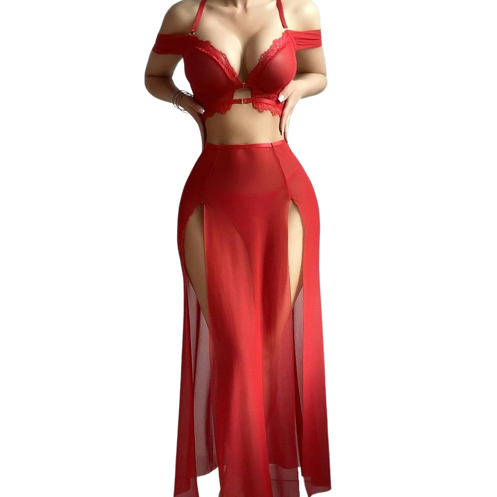 

Женские эротические комплекты нижнего белья озорного цвета, топы с лямкой на шее и кружевной отделкой, стринги с низкой талией, длинная юбка с разрезом, наряд