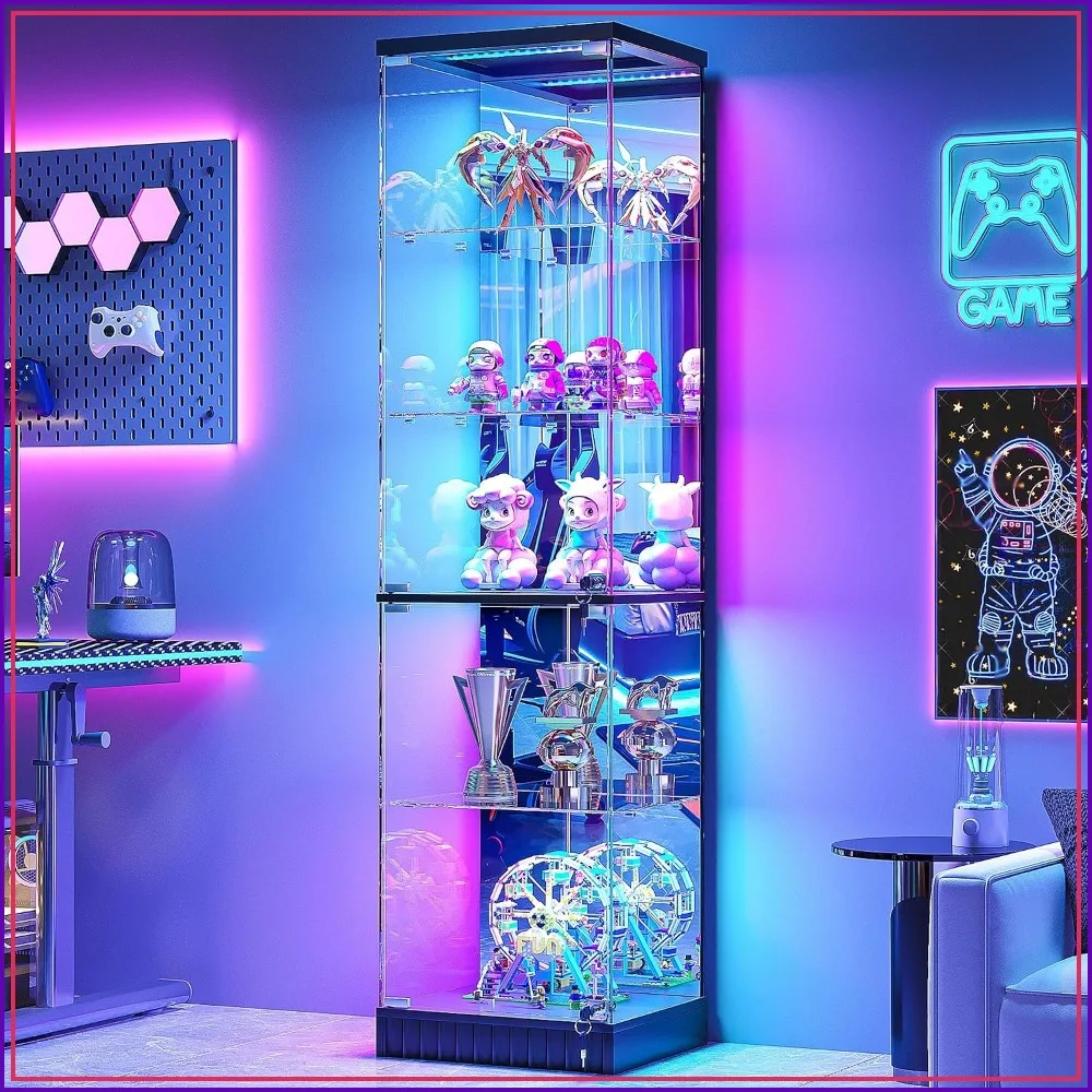 5-Tier Lockable Display Cabinet with Glass Doors & RGB Lights, Black Storage Shelf