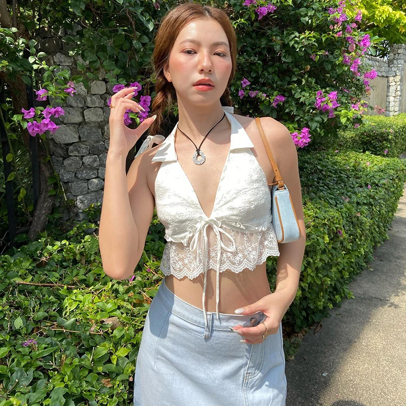 Fashion Women Crop Top Halter Tops Lace Patchwork Backless Shirt Sleeveless Camisole for Streetwear Clothes Summer Camis Y2k