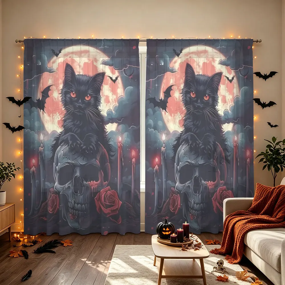 2Pcs Gothic Black Cat Skeleton Rose Moonlight Print Rod Pocket Curtains, Light Blocking Privacy Window Curtains For Living Ro