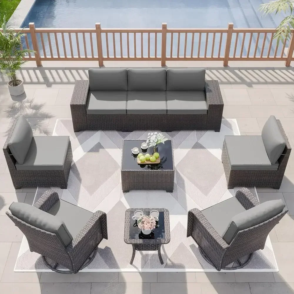 9-Piece Grey Rattan Outdoor Patio Furniture Set with Swivel Rocking Chairs and 4-Inch Cushions