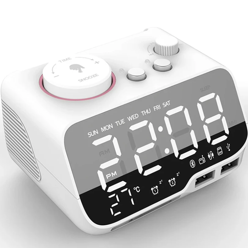 

LED Alarm Clock Bluetooth-compatible Speaker Full Range, FM Radio Digital Clock with Temperature, USB Charger, For Bedrooms