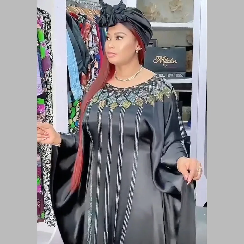 African Dresses for Women Diamonds Kaftan Africa Ankara Dashiki Boubou Abaya Batwing Sleeve Dress Robe Caftan Gown with Headband