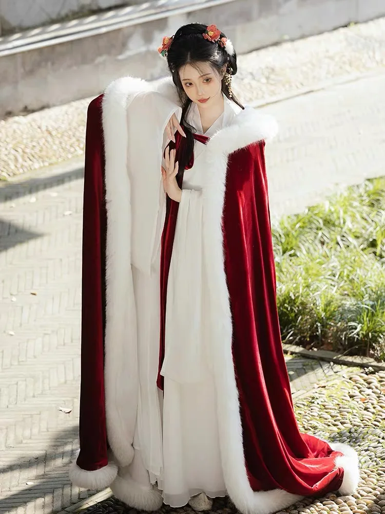 Winter Warm Chinese Hanfu Long Cloak Ancient Style Red Hooded Coat Chinese Style Cloak Plus Velvet Thickened Large Fur Vollar