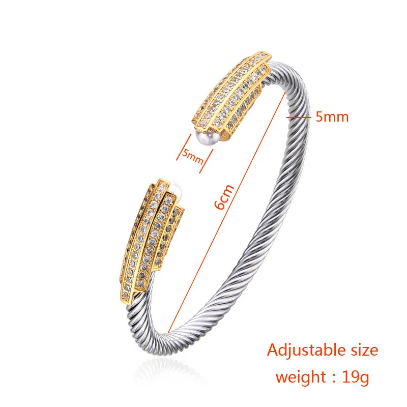 LENNIKHigh End، طراز فاخر خفيف، سوار مفتوح من الفولاذ المقاوم للصدأ مع لمسات ذهبية وفضية، حبل سلك فولاذي لؤلؤي