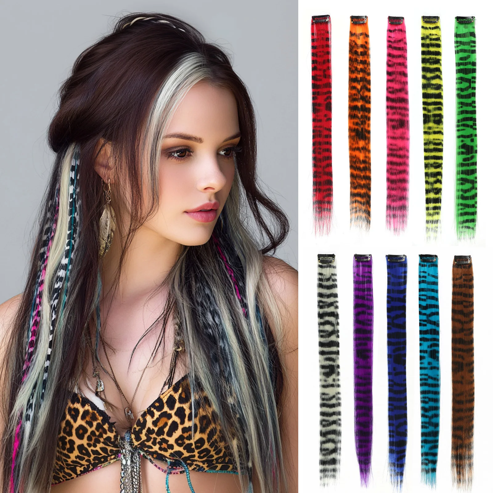 

Синтетические накладные пряди для волос в полоску, накладные пряди с леопардовым принтом, 18 дюймов, разноцветные накладные пряди для женщин и девочек, на Рождество