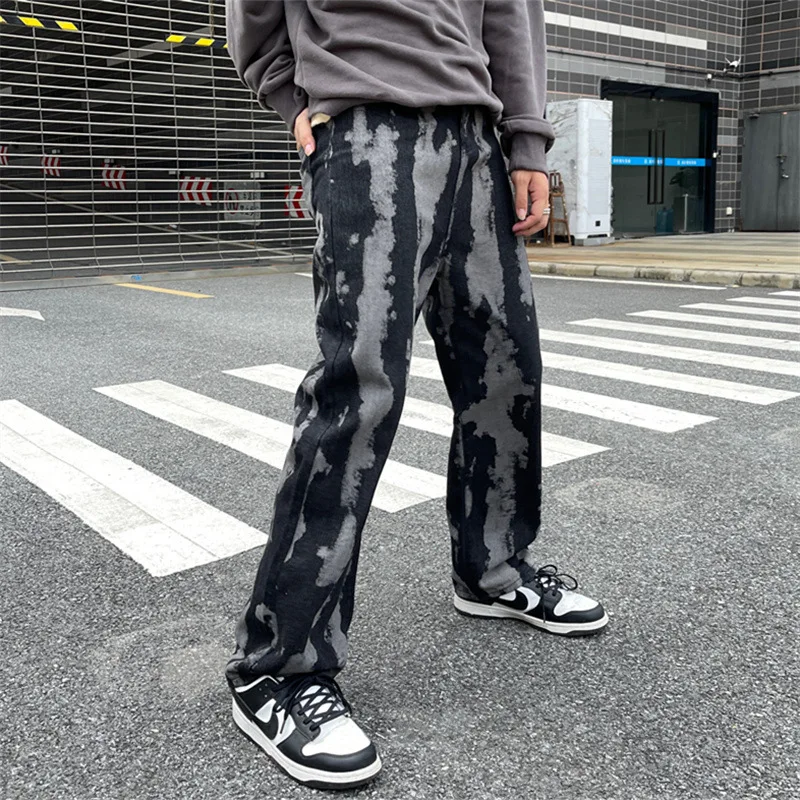 

ICCLEK American High Street Jeans Retro Tie-dye Jeans Men's Jeans Straight Loose Pants Casual Wide-leg Trousers Denim Jeans