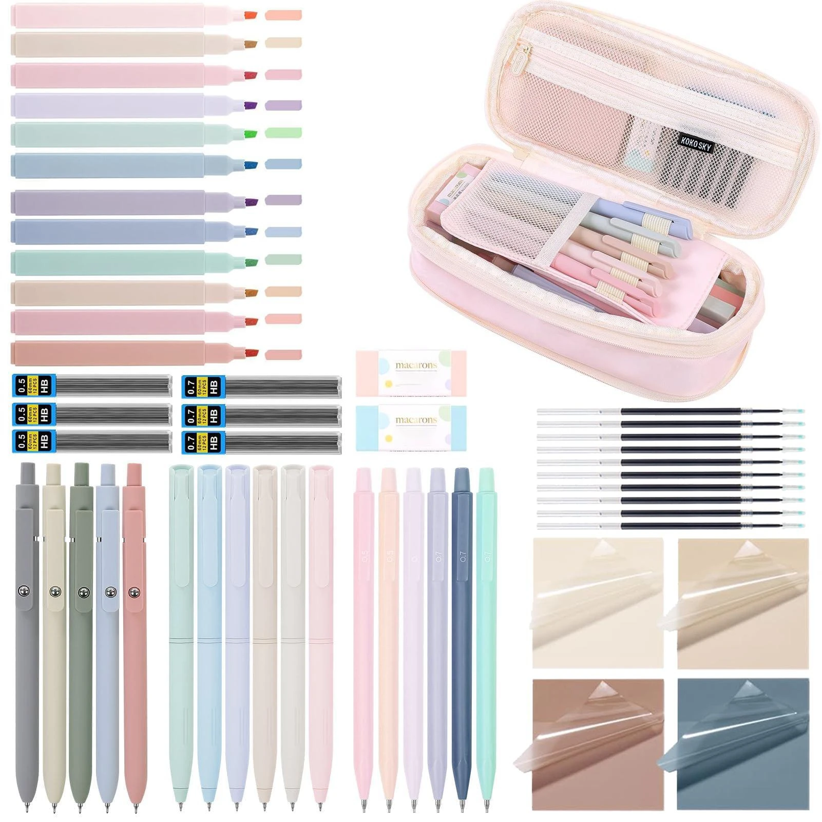 set-di-cancelleria-estetica-da-52-pezzi-astuccio-rosa-grande-evidenziatori-pastello-penne-gel-e-sfera-05-20mm-matite-meccaniche-per-la-scuola