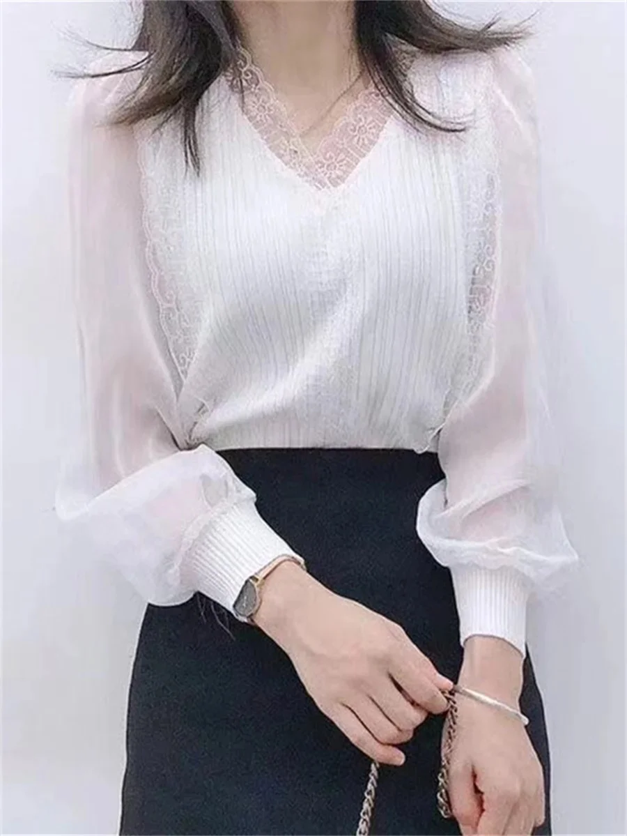 Women Spring Autumn Style Blouses Tops Lady Casual Long Sleeve V-Neck Lace Blusas Tops