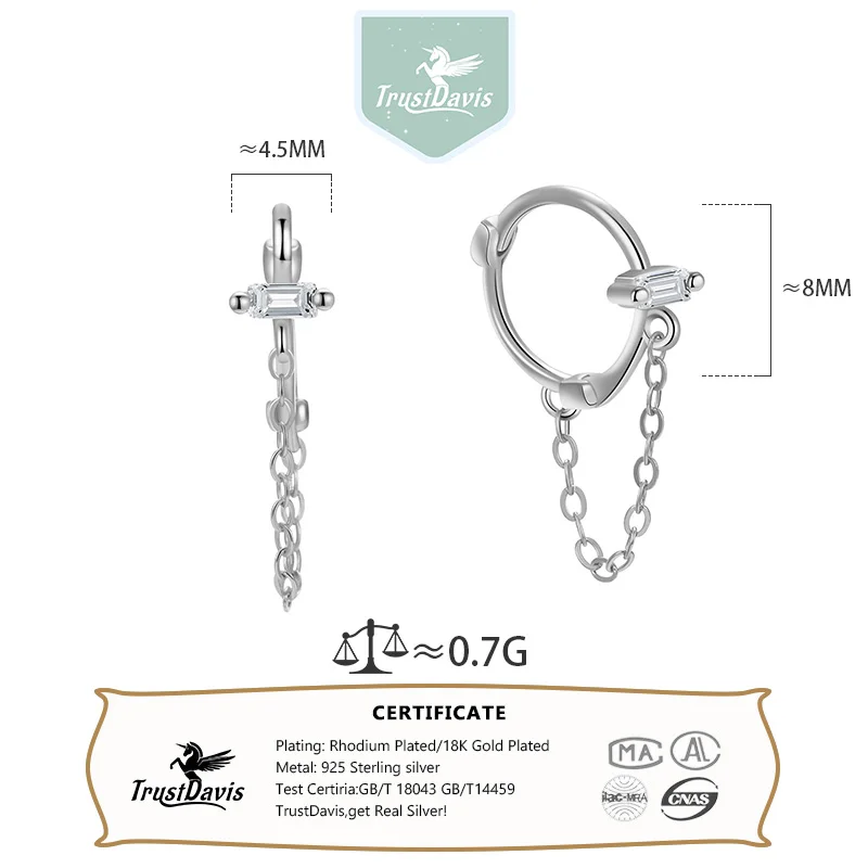 TrustDavis 925 Sterling Silver Fashion Square Zircon Tassel Hoop Earrings for Women Birthday Gift Fine Jewelry DS3902