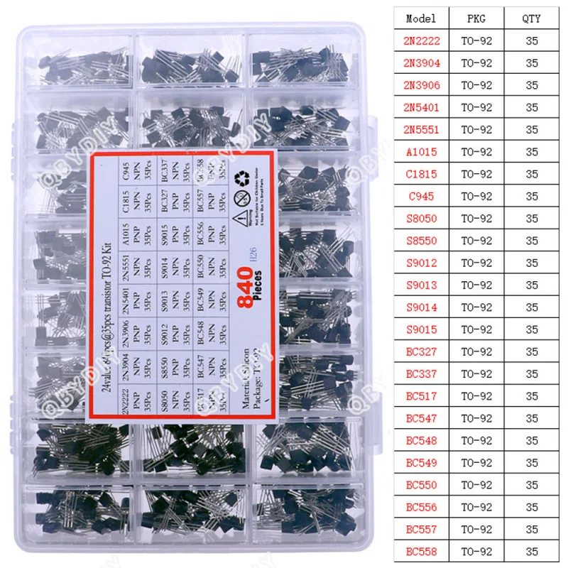 840pcs 24Values TO-92 PNP/NPN Transistor Assortment Kit BC327 BC337 BC547 2N2222 3904 3906 C945 BC517 BC550 BC556 BC558 S9014