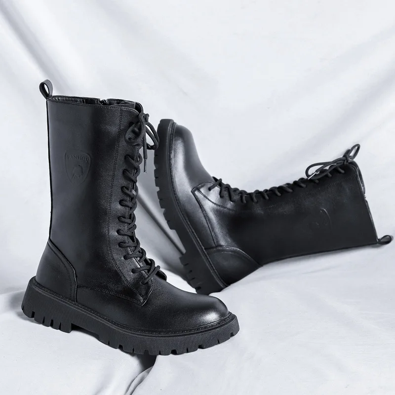 Men's High-Top Genuine Leather Boots British Style Casual Riding Boots Fashionable Motorcycle Boots Thick Sole Zipper Work Shoes