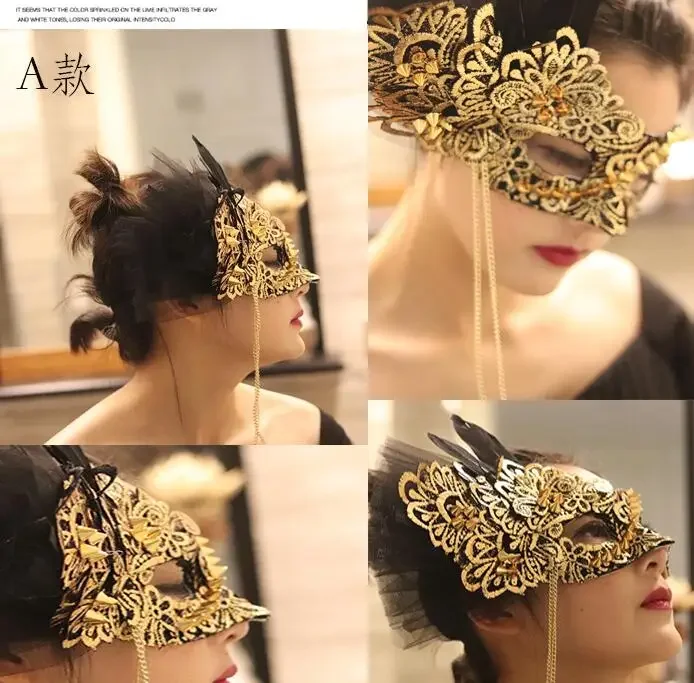 حفلة تنكرية قناع المرأة الذهب الدانتيل ريشة المنصة نصف الوجه مرحلة الحفلات خمر #2