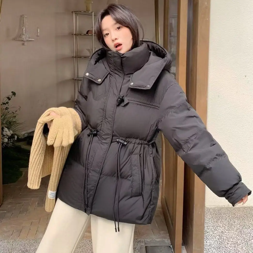 冬の新作レディースダウンジャケット、ゆったりとしたフード付き、レースアップ、ホワイトダックダウンジャケット