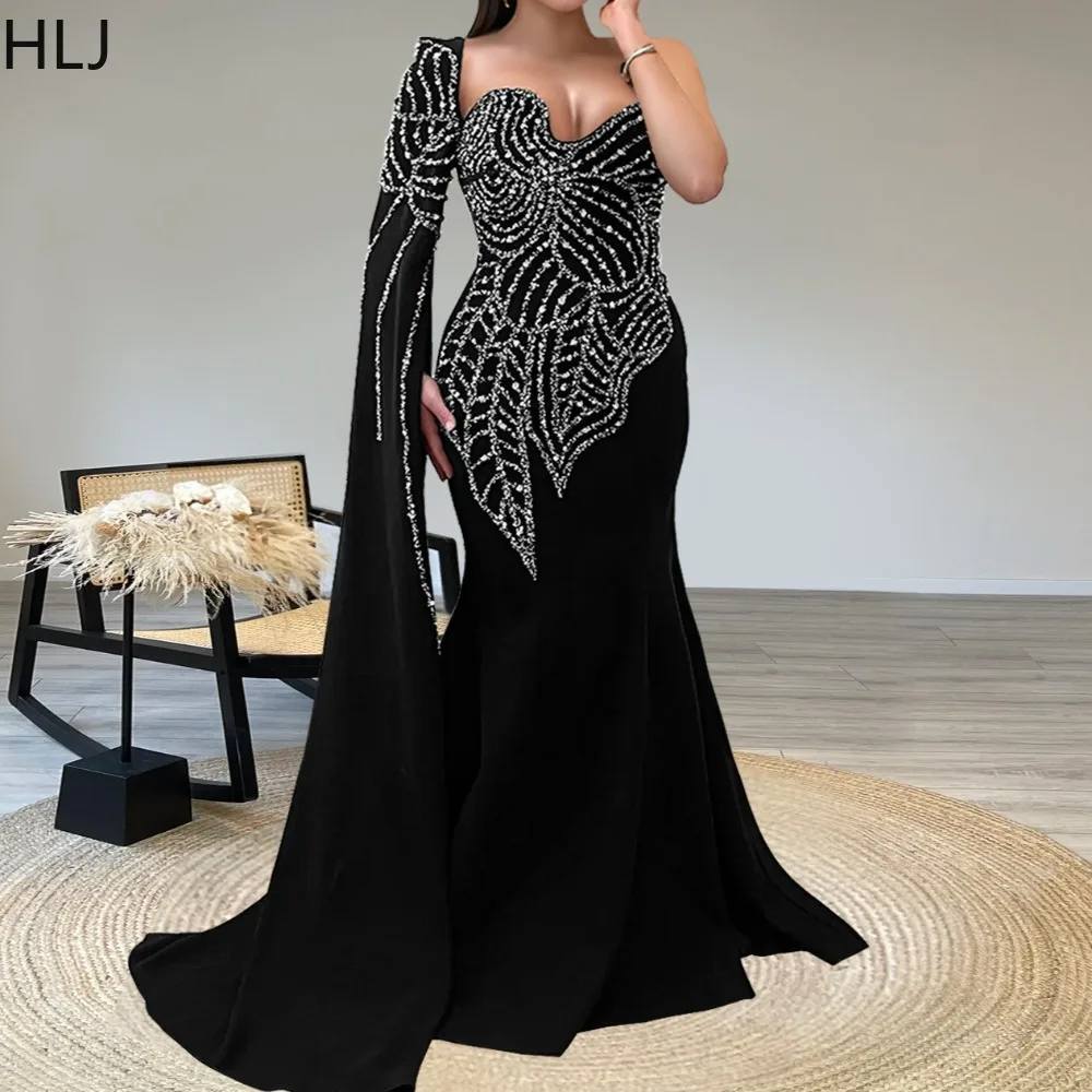 

HLJ Sexy Rhinestone Patchwork Bodycon Dresses Woman Luxury Irregular Long Sleeves Dress Female Birthday Party Clubwear Vestidos