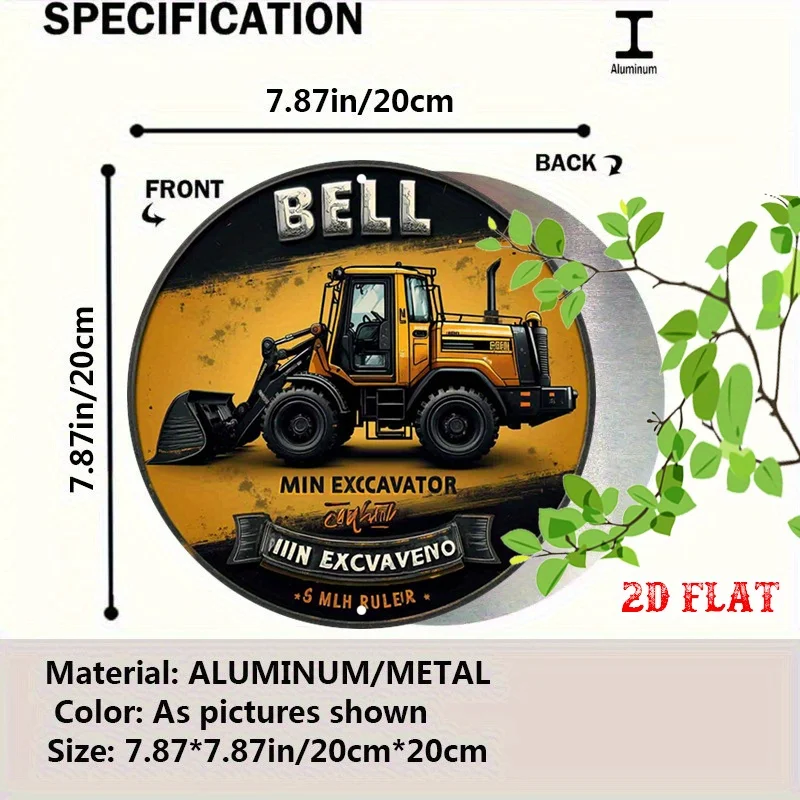 2D Flat, 1pc Vintage Round Aluminum Sign - Excavator Construction Machine Metal Wall Art, Rustic Yellow Tractor Decor for Home