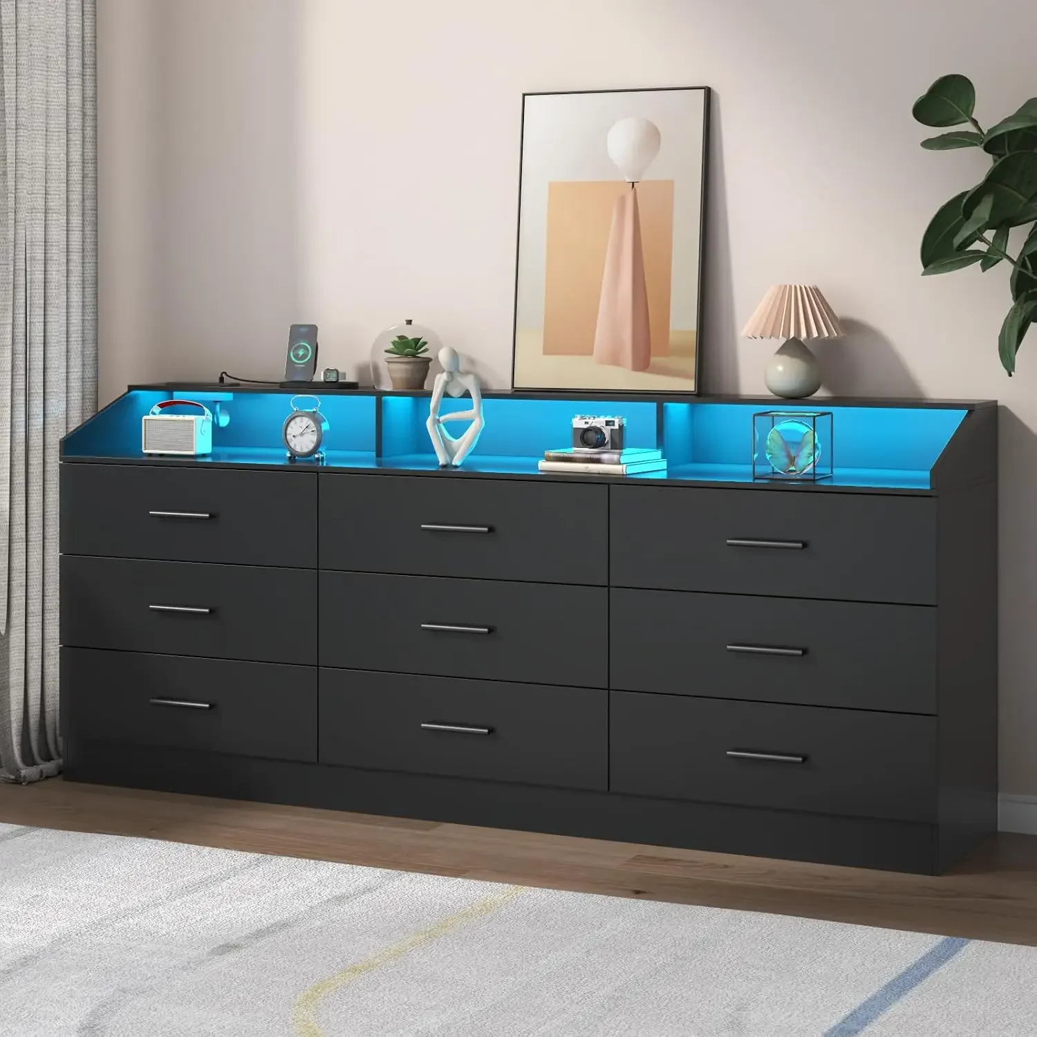 

9 Drawers Dresser for Bedroom with Power Outlet, Chest of Drawers with LED Light, Modern Dresser with Open Storage Cubby (Black)