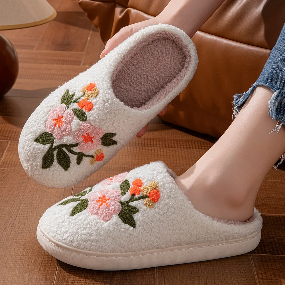 

Unisex Home Slippers 2026 Spring Women's & Men's Winter Plush Slippers Floral Chenille Embroidered Fleece Lined Non Slip Quiet