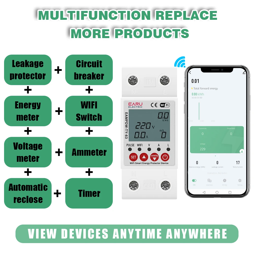 2P 63A TUYA APP WiFi Smart Circuit Earth Leakage Over Under Voltage Protector Relay Device Switch Breaker Energy Power kWh Meter