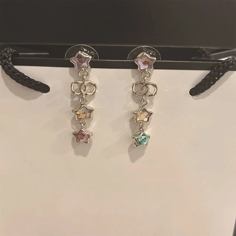

2025 New Colored Diamond Pink Pentagram Tassel Women's Earrings with Women's Fashion Luxury