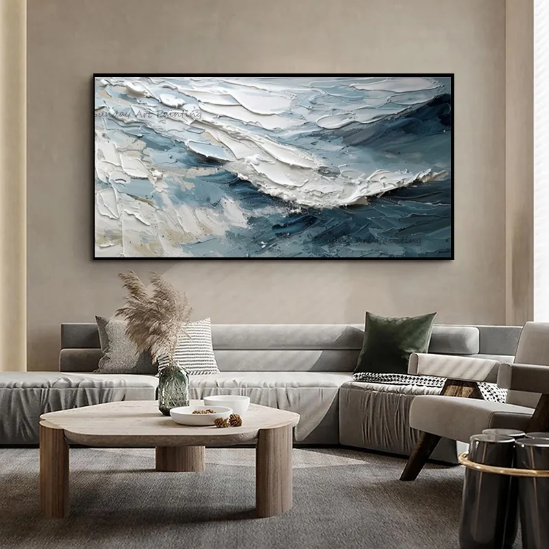 Light Blue White Large Ocean Wave Oil Painting On Canvas Handmade Special Abstract Brown Yellow Seaside Wall Art Decor For Room
