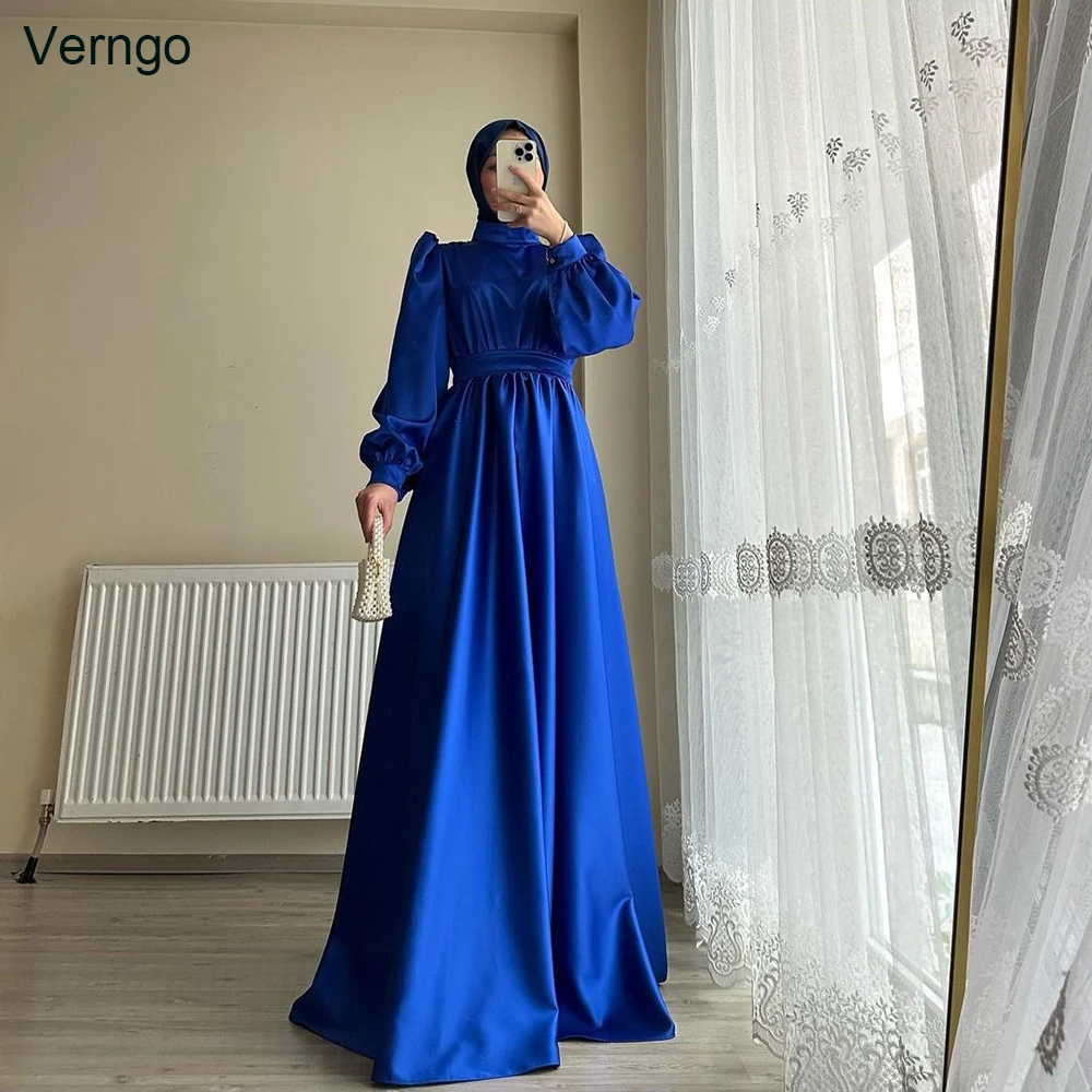 

Verngo A-line Satin Prom Dress Long Sleeves High Neck Evening Gown Long Arabic Muslim Formal Party Occasion Dress Robe De Soiree