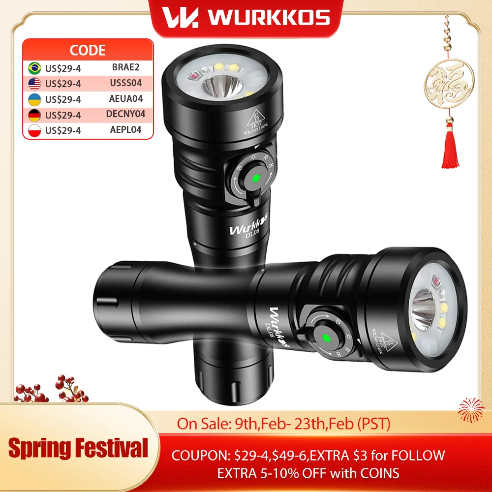 

Wurkkos DL08 Rechargeable High CRI underwater Flashlight with IP68 UV LEDs Step & Stepless Dimming Mode Safety Lock for Diving