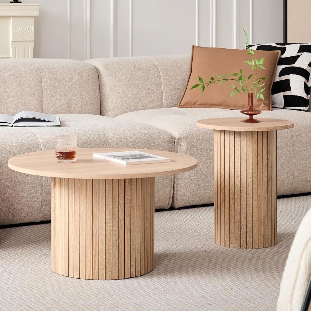 Round Nesting Coffee Tables Set of 2 -φ27.6 Large Short + φ15.8 Small Tall Boho Circle Side Tables with Fluted Drum Design, Natu