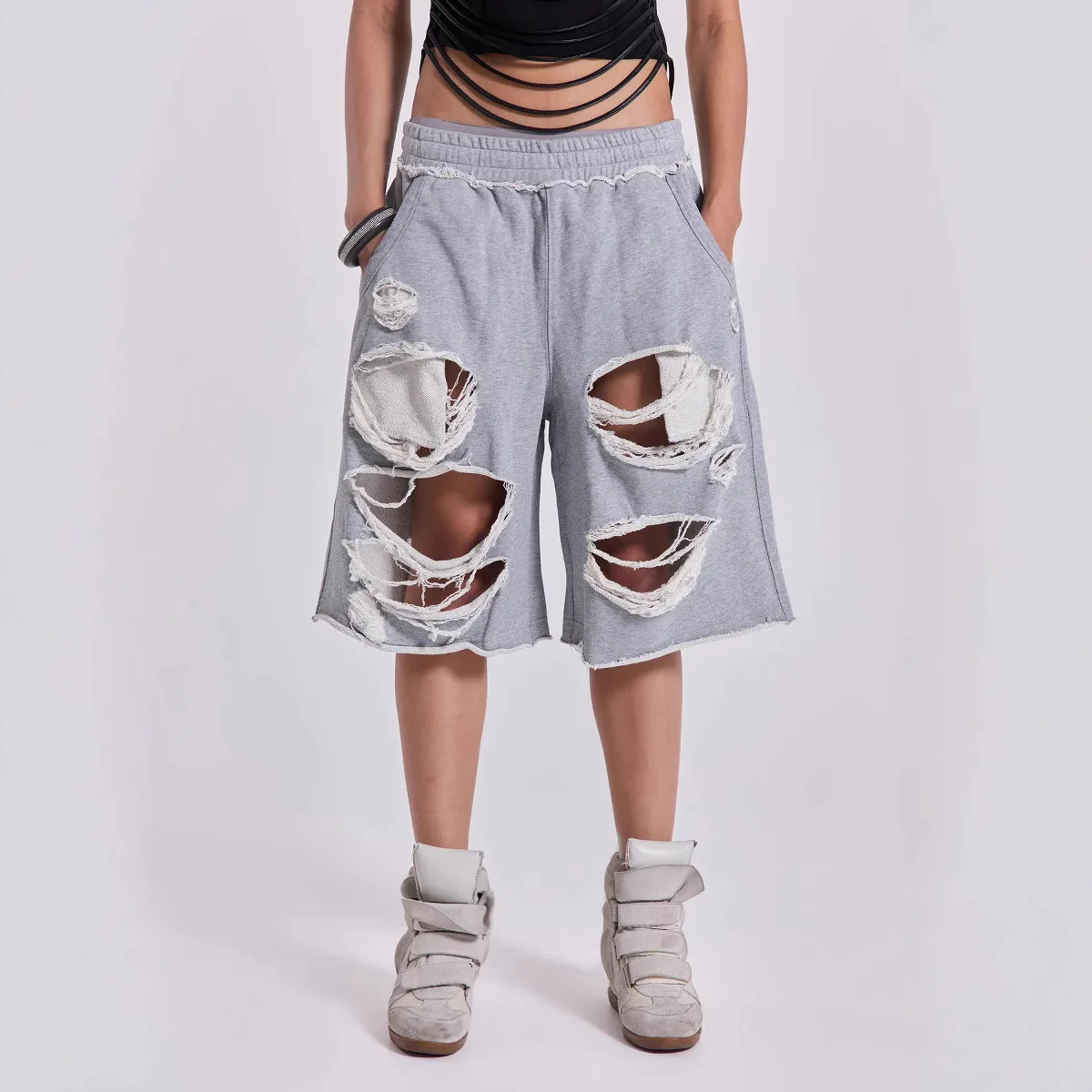 Cross-Border TK Bestseller Jaded orts Streetwear Hip Hop Hole Design Loose Hot Girls Five-Part Pants Casual Loose Fit