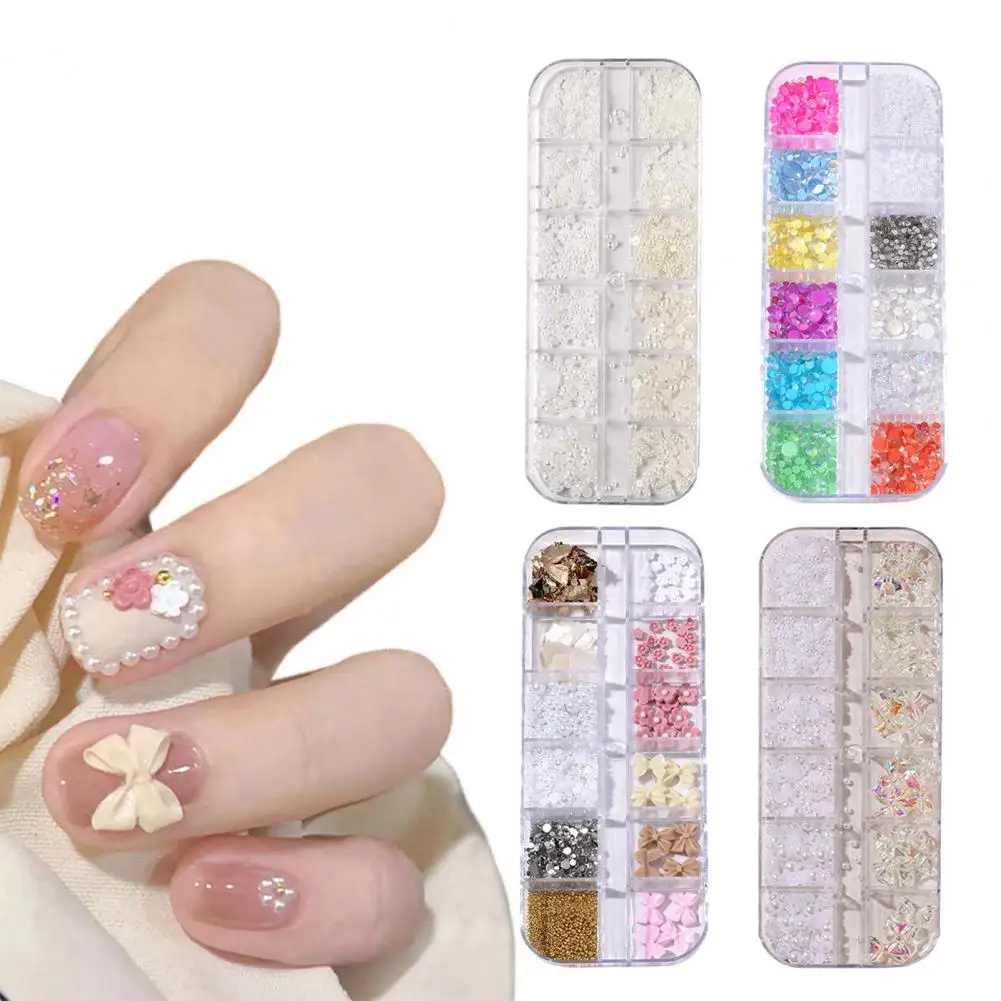 12 Grids Nail Charm 3d Nail Art Charm Set Rhinestone Faux Pearl Nail Decorations Bow Rose Flower Diy Design for Crafts