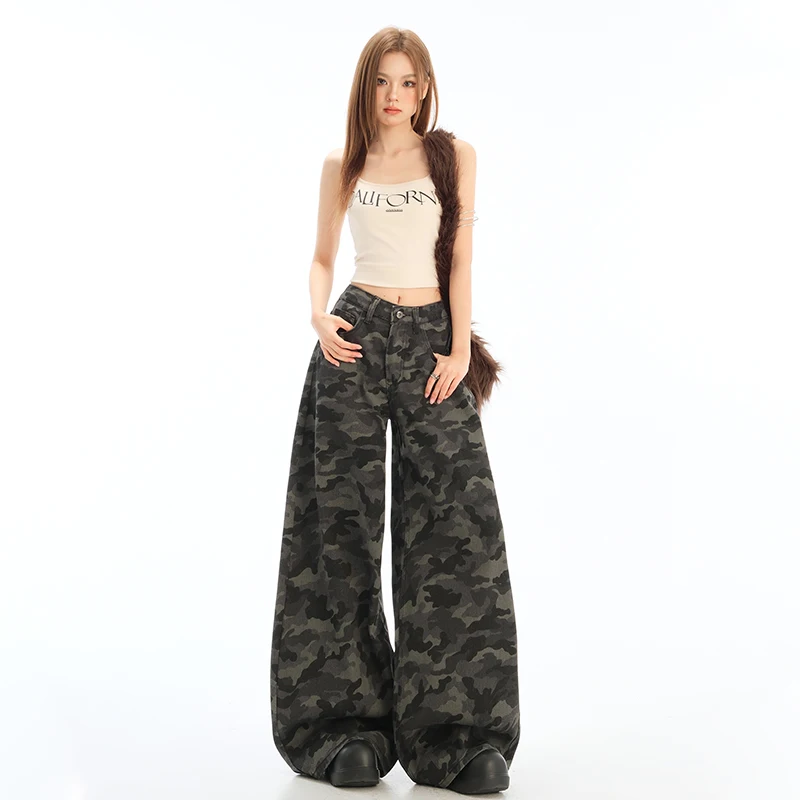 American Sle Workwear Wide Leg Retro Camouflage Jeans Women's High Waist Slim Loose Drapey High Street Straight Leg Pants