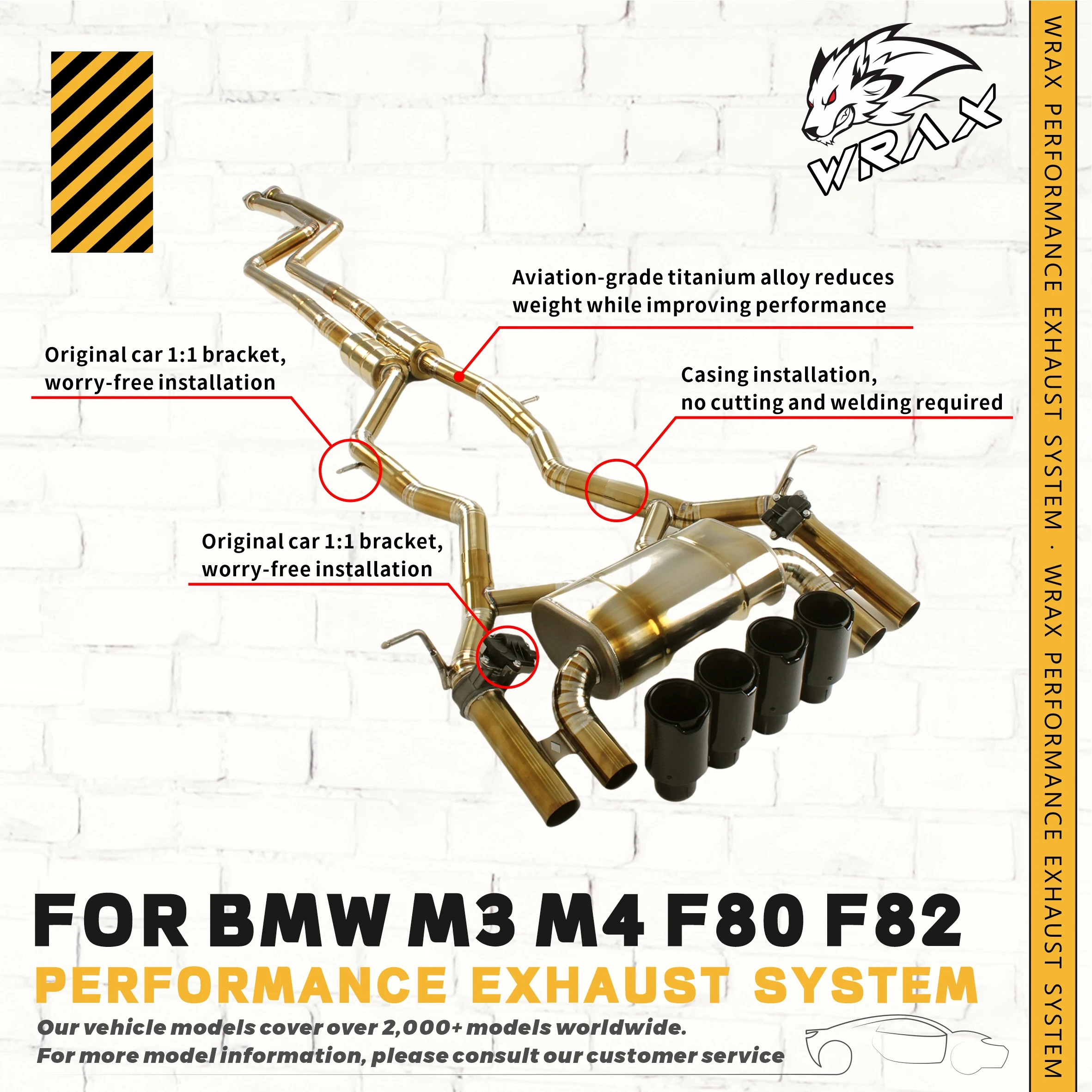 

WRAX Non-destructive Exhaust Modification Kit for BMW M3, M4, F80, F82. Gold-brown Titanium Alloy Catback with Muffler Valves