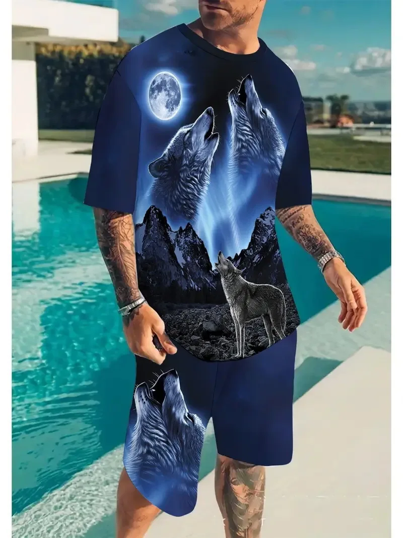 

Спортивные костюмы с животным принтом, мужские и женские комплекты с 3D-принтом волка, футболка с круглым вырезом и коротким рукавом, шорты, спортивная одежда, 2 предмета, мужская одежда