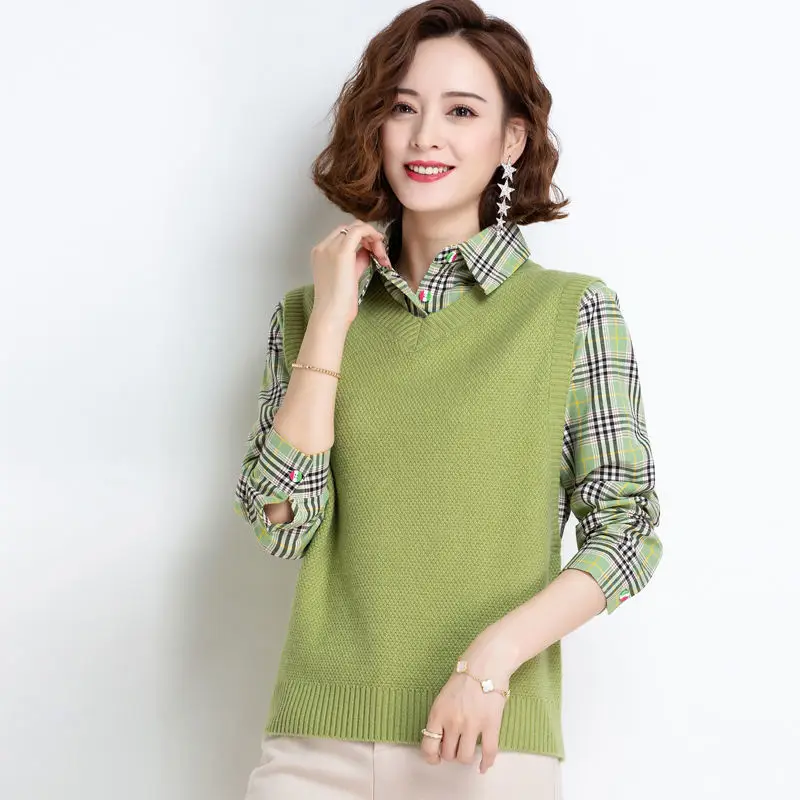 Women Fashion Shirt Collar Sweaters Autumn Vintage Fake Two Pieces Knitted Jumper Office Lady Plaid Loose Pullovers