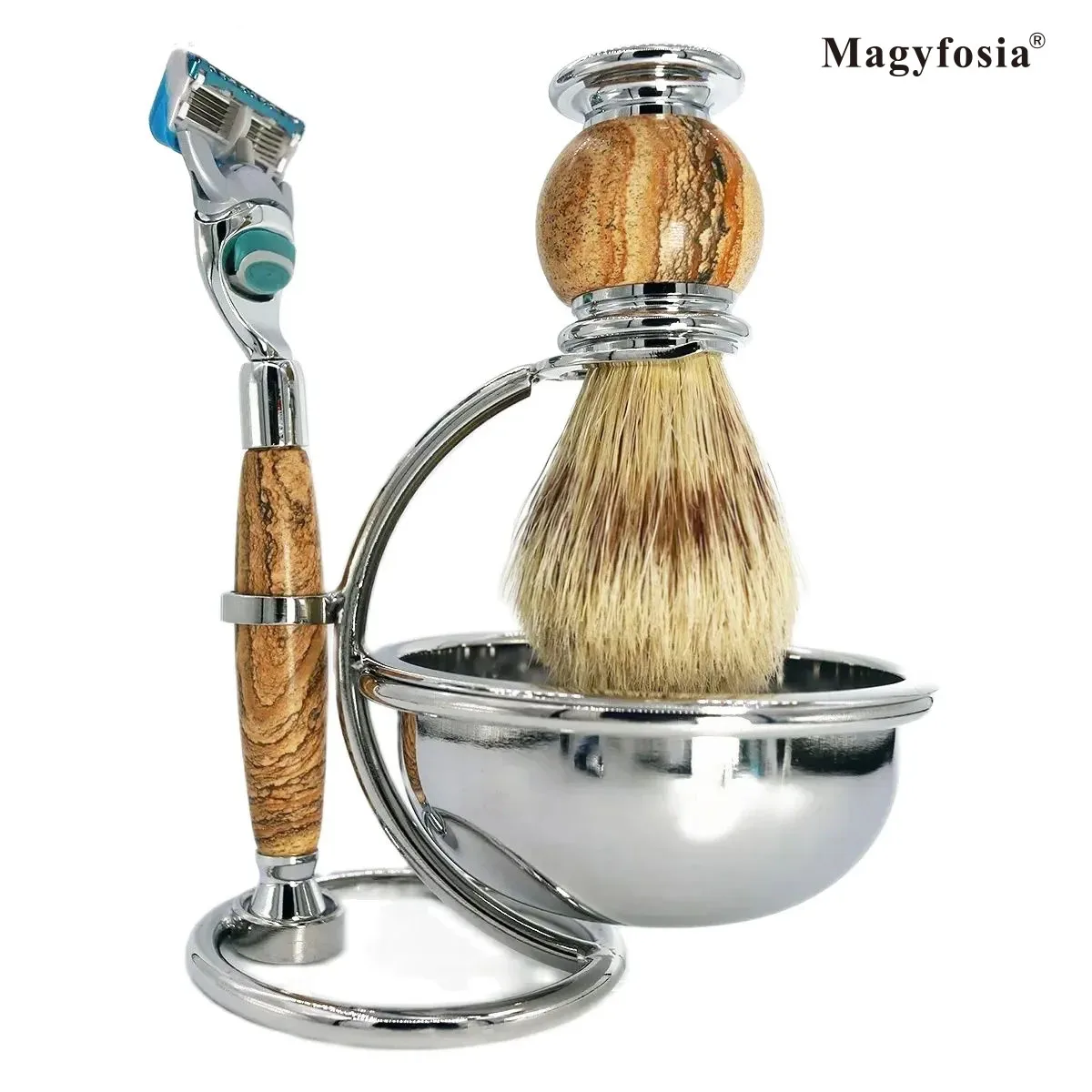 Magyfosia Men Natural Stone Shaving Kit Fusion 5 Layer Shaving Razor Boar Bristle Cleaning Brush and Bowl Stand Holder