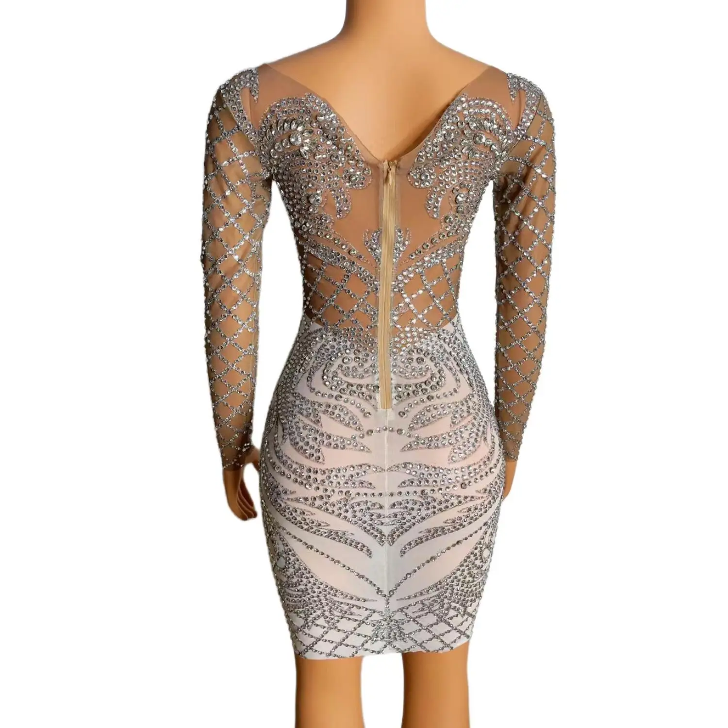 Vestido Sexy de diamantes de imitación plateados para mujer, traje de fiesta de cumpleaños de noche, traje de rendimiento de baile, Mantou, diseñador de marca