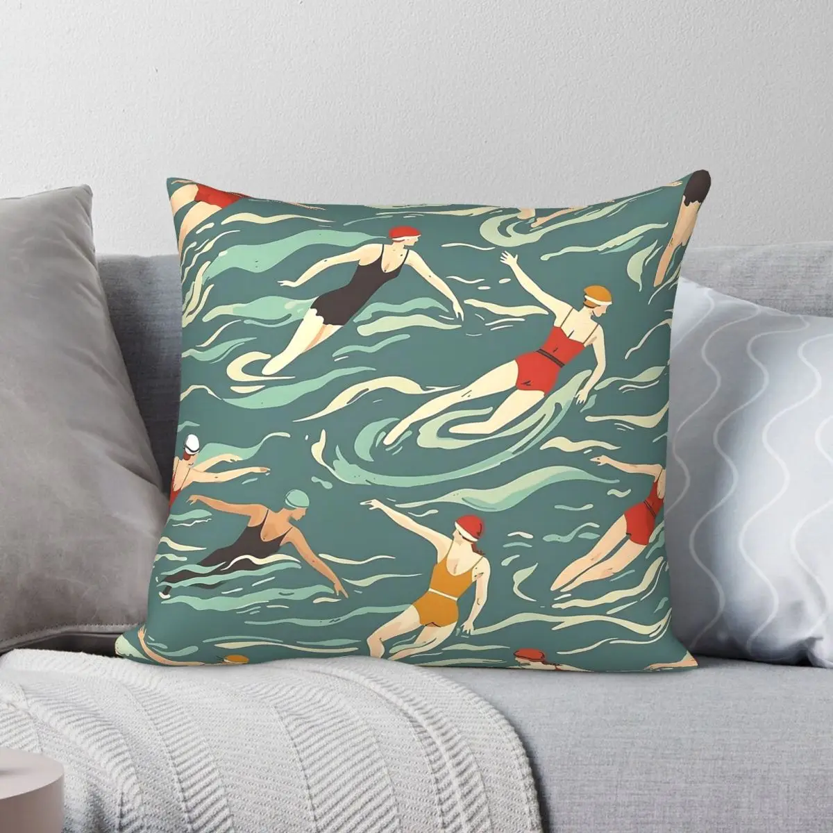 Synchro Swimmers Retro Square Pillowcase Polyester Linen Velvet Printed Zip Decor Pillow Case Bed Cushion Cover 45x45